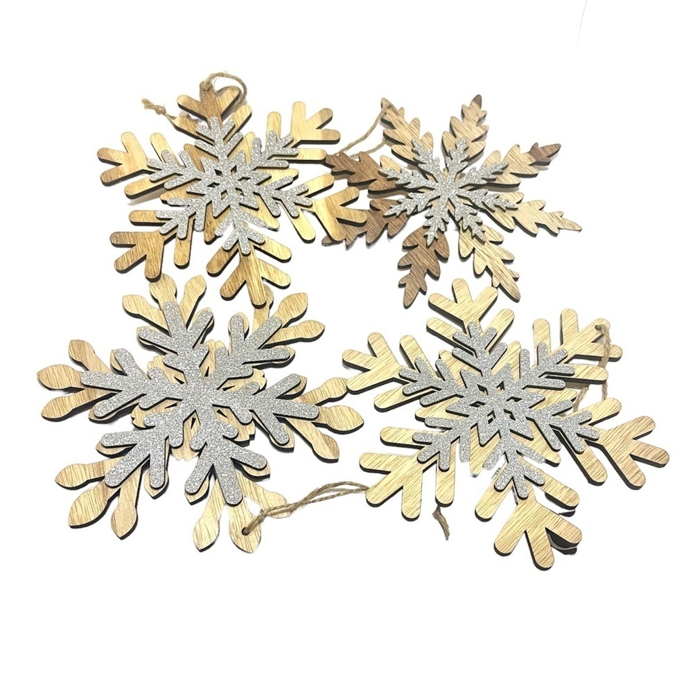 Gift Craft Set of Four Large Wooden Snowflakes with Silver Glitter.